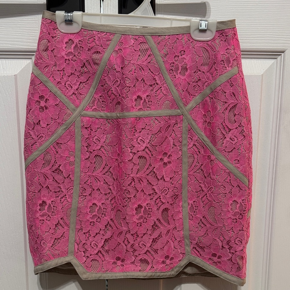 Finders Keepers Pink Lace Mini Skirt with Tan Trim